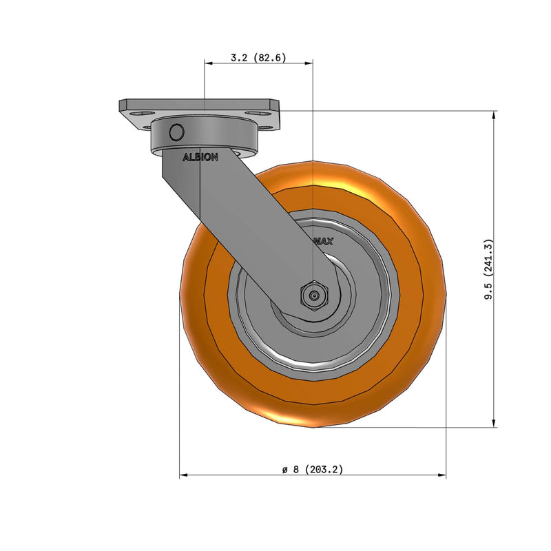 8"x2" Kingpinless Ergonomic Caster 9.5 OAH – USA Rig, MAX-Efficiency Orange Poly Wheel