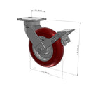 8"x2" Kingpinless Ergonomic Caster 9.5 OAH – USA Rig, MAX-Efficiency Maroon Poly Wheel, Metal Face Brake