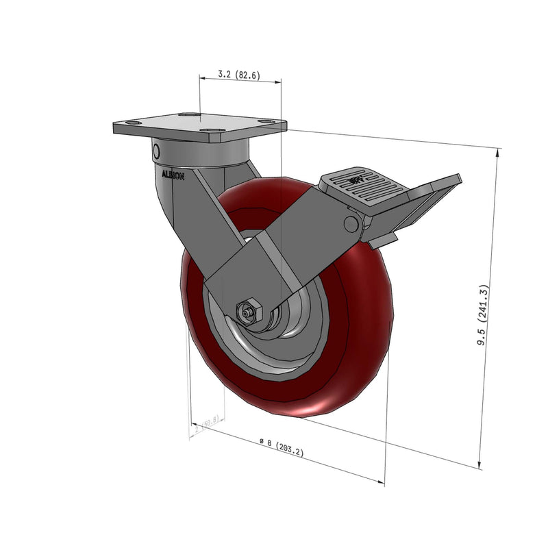 8"x2" Kingpinless Ergonomic Caster 9.5 OAH – USA Rig, MAX-Efficiency Maroon Poly Wheel, Face Brake