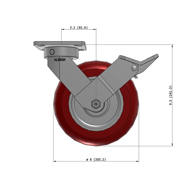 8"x2" Kingpinless Ergonomic Caster 9.5 OAH – USA Rig, MAX-Efficiency Maroon Poly Wheel, Face Brake