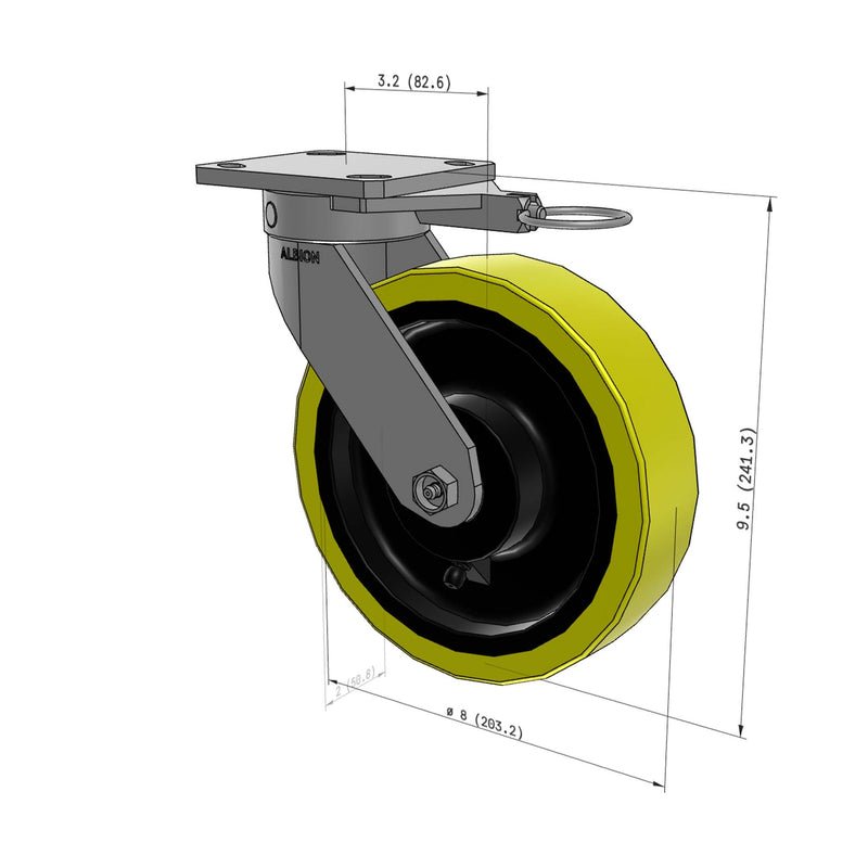 8"x2" Kingpinless Ergonomic Caster 9.5 OAH – USA Rig, Heavy-Duty Polyurethane Wheel, Swivel Lock