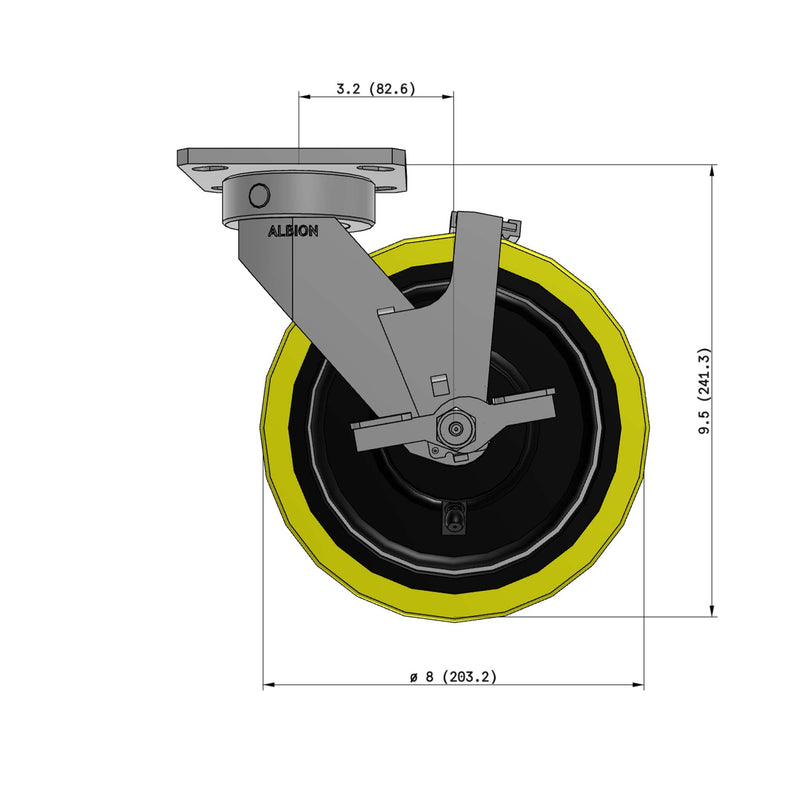 8"x2" Kingpinless Ergonomic Caster 9.5 OAH – USA Rig, Heavy-Duty Polyurethane Wheel, Side Brake