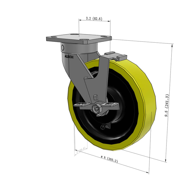 8"x2" Kingpinless Ergonomic Caster 9.5 OAH – USA Rig, Heavy-Duty Polyurethane Wheel, Side Brake