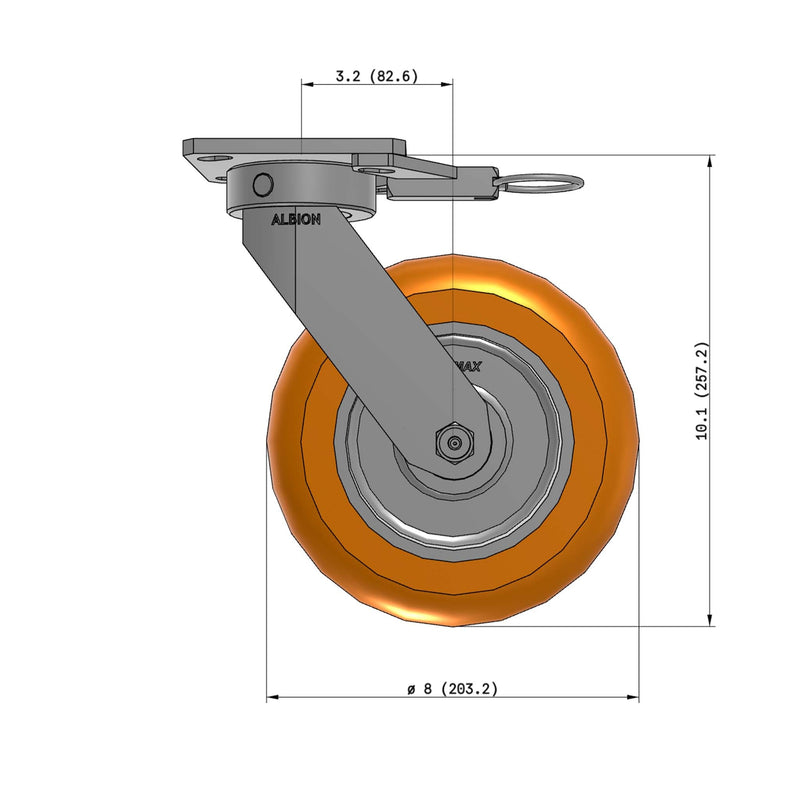 8"x2" Kingpinless Ergonomic Caster – USA Rig, MAX-Efficiency Orange Poly Wheel, Swivel Lock
