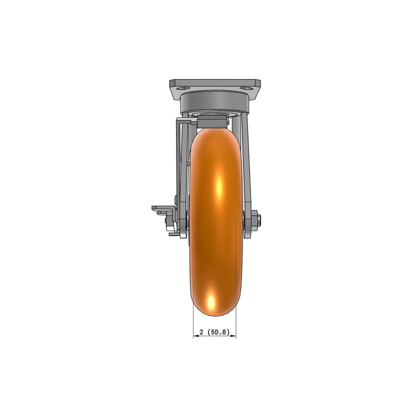 8"x2" Kingpinless Ergonomic Caster – USA Rig, MAX-Efficiency Orange Poly Wheel, Side Brake