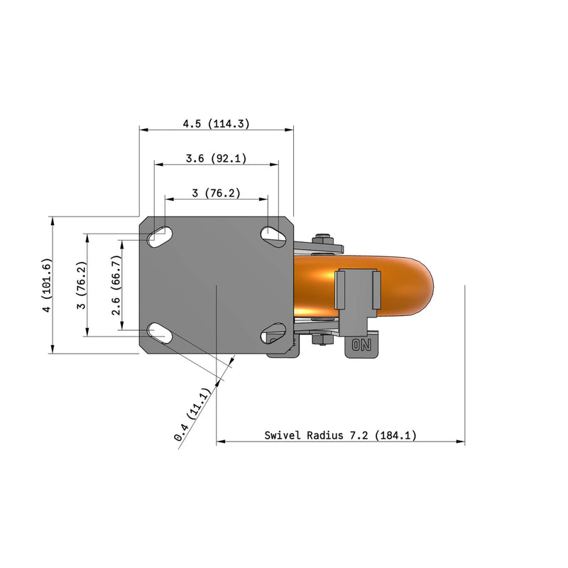 8"x2" Kingpinless Ergonomic Caster – USA Rig, MAX-Efficiency Orange Poly Wheel, Side Brake