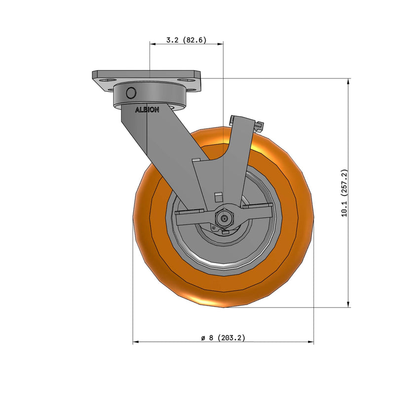 8"x2" Kingpinless Ergonomic Caster – USA Rig, MAX-Efficiency Orange Poly Wheel, Side Brake