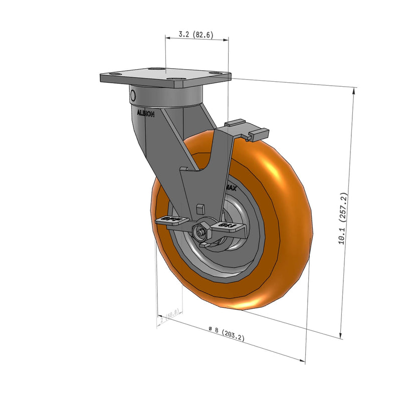 8"x2" Kingpinless Ergonomic Caster – USA Rig, MAX-Efficiency Orange Poly Wheel, Side Brake