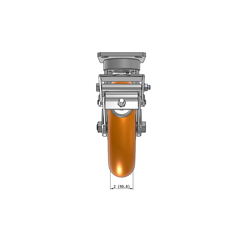 8"x2" Kingpinless Ergonomic Caster – USA Rig, MAX-Efficiency Orange Poly Wheel, Metal Face Brake