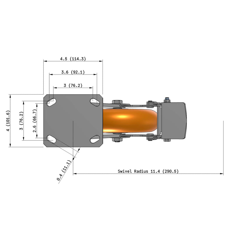 8"x2" Kingpinless Ergonomic Caster – USA Rig, MAX-Efficiency Orange Poly Wheel, Metal Face Brake