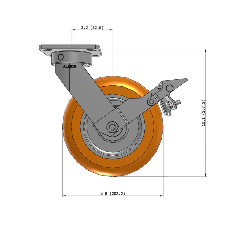 8"x2" Kingpinless Ergonomic Caster – USA Rig, MAX-Efficiency Orange Poly Wheel, Metal Face Brake