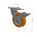 8"x2" Kingpinless Ergonomic Caster – USA Rig, MAX-Efficiency Orange Poly Wheel, Face Brake, Swivel Lock