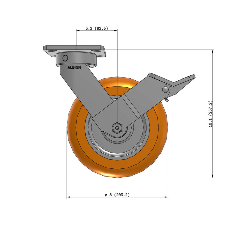 8"x2" Kingpinless Ergonomic Caster – USA Rig, MAX-Efficiency Orange Poly Wheel, Face Brake