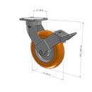 8"x2" Kingpinless Ergonomic Caster – USA Rig, MAX-Efficiency Orange Poly Wheel, Face Brake