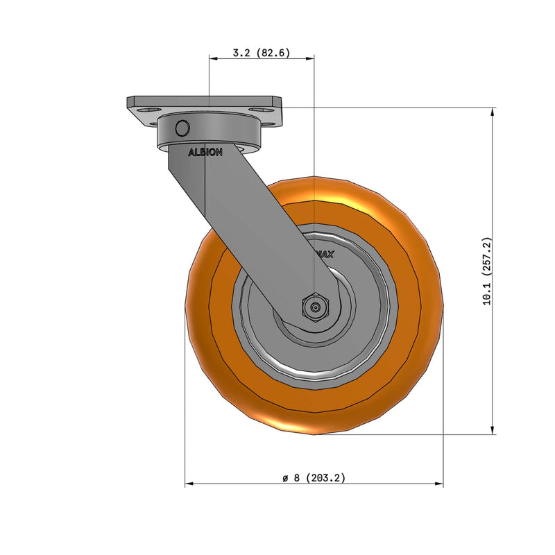8"x2" Kingpinless Ergonomic Caster – USA Rig, MAX-Efficiency Orange Poly Wheel