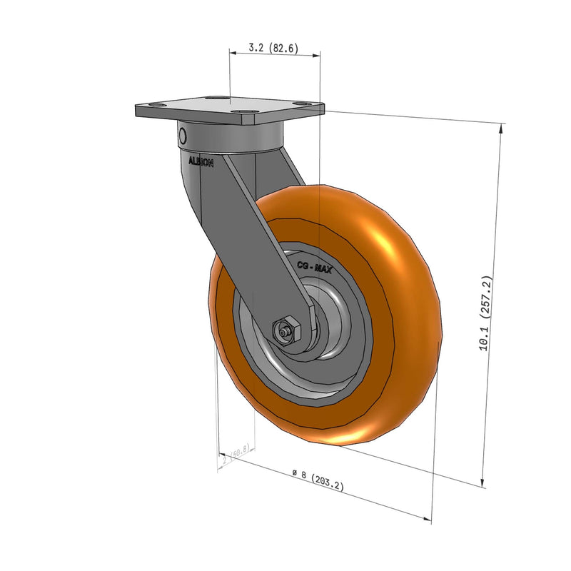 8"x2" Kingpinless Ergonomic Caster – USA Rig, MAX-Efficiency Orange Poly Wheel