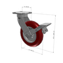 8"x2" Kingpinless Ergonomic Caster – USA Rig, MAX-Efficiency Maroon Poly Wheel, Metal Face Brake