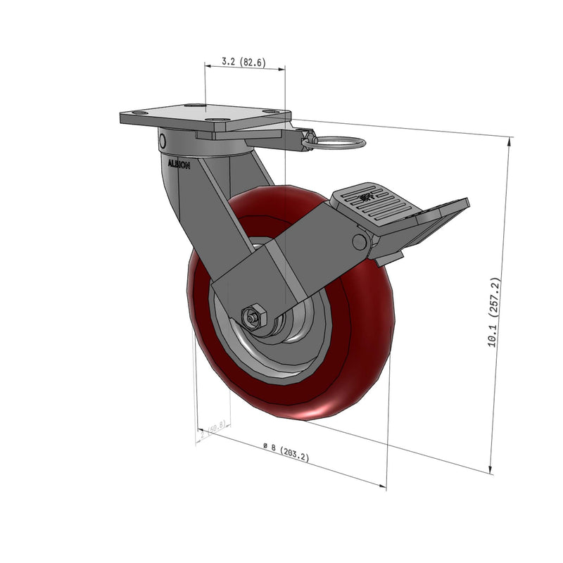 8"x2" Kingpinless Ergonomic Caster – USA Rig, MAX-Efficiency Maroon Poly Wheel, Face Brake, Swivel Lock