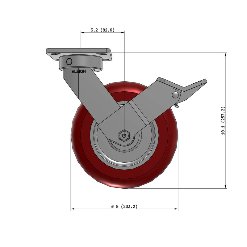 8"x2" Kingpinless Ergonomic Caster – USA Rig, MAX-Efficiency Maroon Poly Wheel, Face Brake