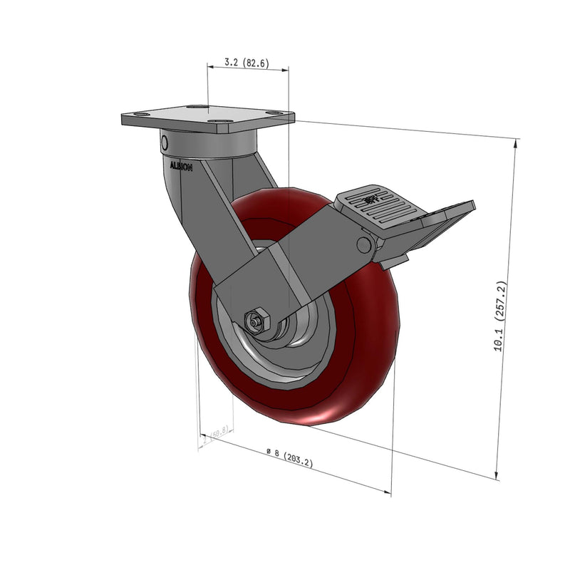 8"x2" Kingpinless Ergonomic Caster – USA Rig, MAX-Efficiency Maroon Poly Wheel, Face Brake