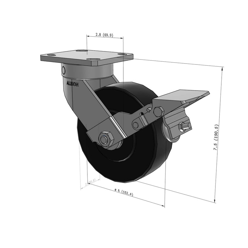 6"x2" Kingpinless Ergonomic Caster – USA Rig, Trionix Steel Replacement Wheel, Metal Face Brake