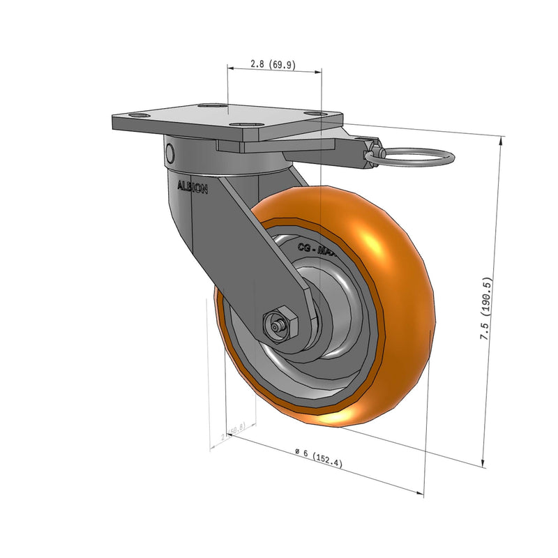 6"x2" Kingpinless Ergonomic Caster – USA Rig, MAX-Efficiency Orange Poly Wheel, Swivel Lock