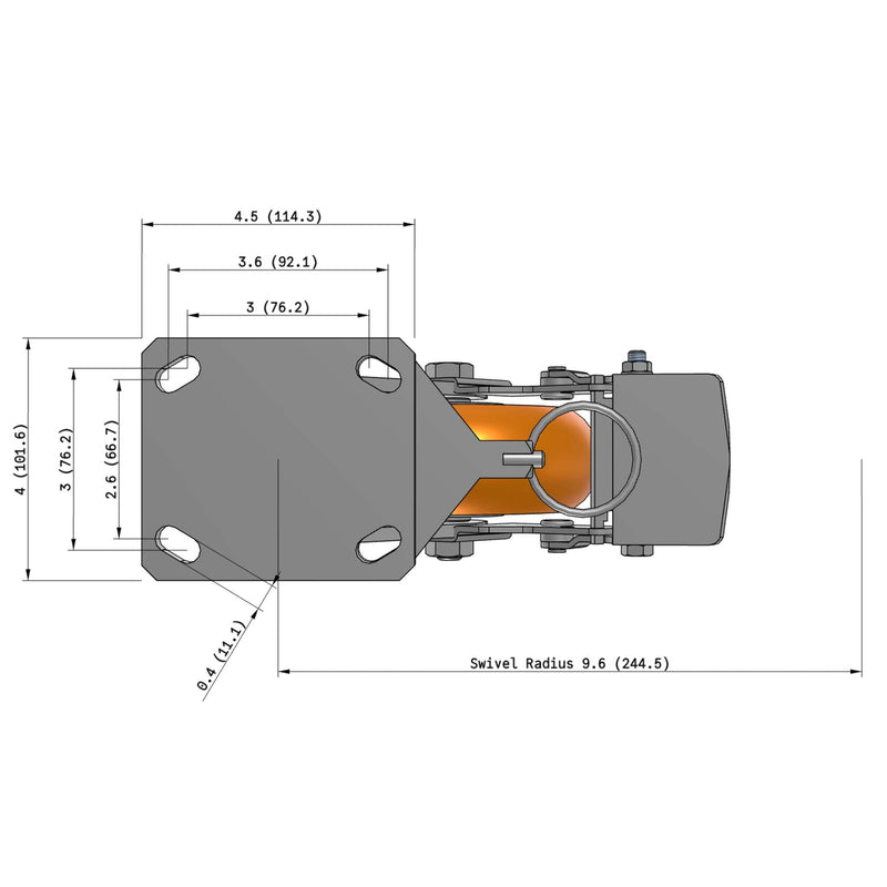6"x2" Kingpinless Ergonomic Caster – USA Rig, MAX-Efficiency Orange Poly Wheel, Metal Face Brake, Swivel Lock