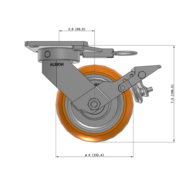 6"x2" Kingpinless Ergonomic Caster – USA Rig, MAX-Efficiency Orange Poly Wheel, Metal Face Brake, Swivel Lock
