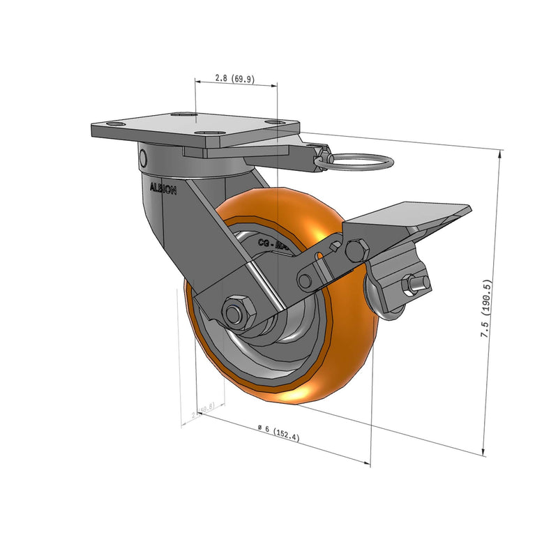 6"x2" Kingpinless Ergonomic Caster – USA Rig, MAX-Efficiency Orange Poly Wheel, Metal Face Brake, Swivel Lock