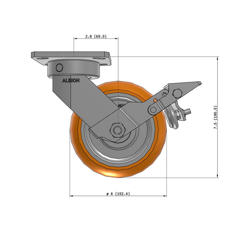 6"x2" Kingpinless Ergonomic Caster – USA Rig, MAX-Efficiency Orange Poly Wheel, Metal Face Brake