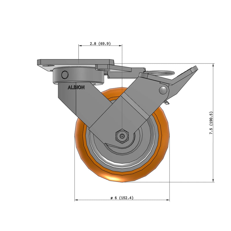 6"x2" Kingpinless Ergonomic Caster – USA Rig, MAX-Efficiency Orange Poly Wheel, Face Brake, Swivel Lock