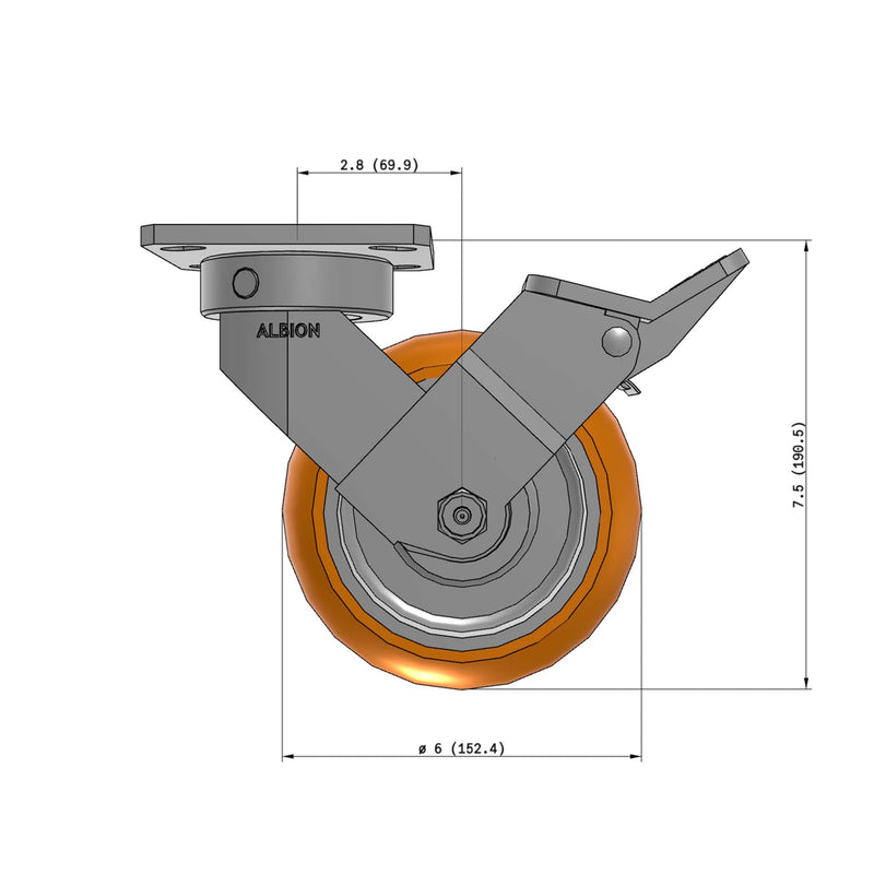 6"x2" Kingpinless Ergonomic Caster – USA Rig, MAX-Efficiency Orange Poly Wheel, Face Brake