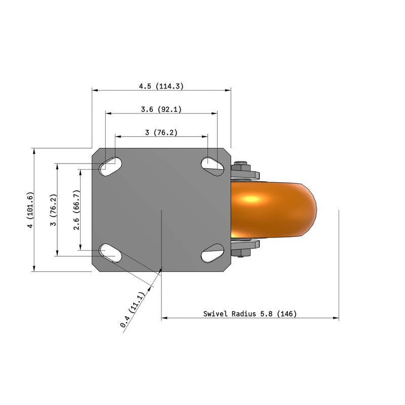 6"x2" Kingpinless Ergonomic Caster – USA Rig, MAX-Efficiency Orange Poly Wheel
