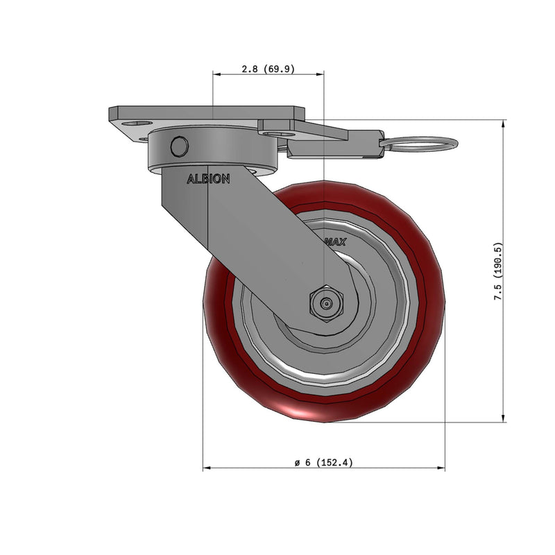 6"x2" Kingpinless Ergonomic Caster – USA Rig, MAX-Efficiency Maroon Poly Wheel, Swivel Lock