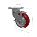 6"x2" Kingpinless Ergonomic Caster – USA Rig, MAX-Efficiency Maroon Poly Wheel, Side Brake