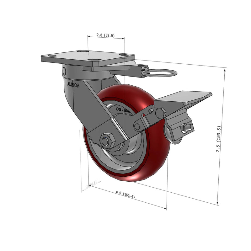 6"x2" Kingpinless Ergonomic Caster – USA Rig, MAX-Efficiency Maroon Poly Wheel, Metal Face Brake, Swivel Lock