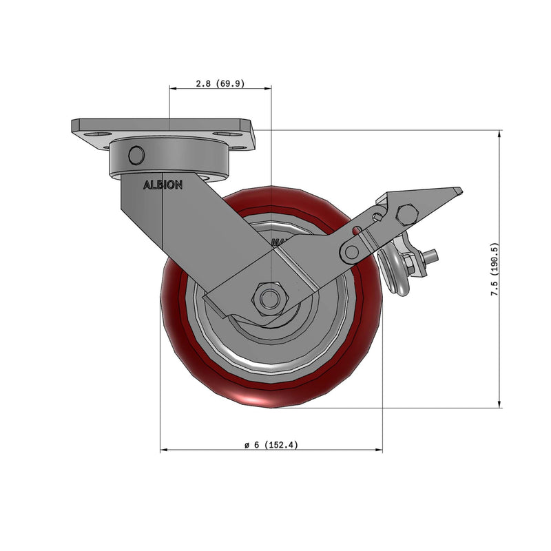 6"x2" Kingpinless Ergonomic Caster – USA Rig, MAX-Efficiency Maroon Poly Wheel, Metal Face Brake