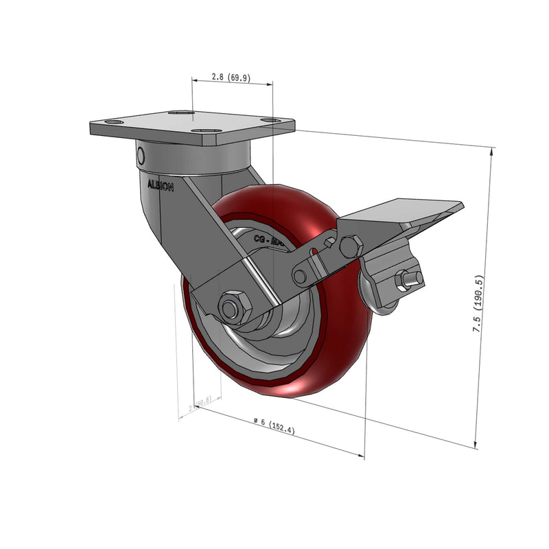 6"x2" Kingpinless Ergonomic Caster – USA Rig, MAX-Efficiency Maroon Poly Wheel, Metal Face Brake