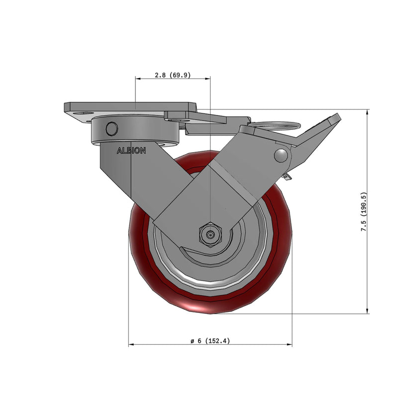 6"x2" Kingpinless Ergonomic Caster – USA Rig, MAX-Efficiency Maroon Poly Wheel, Face Brake, Swivel Lock