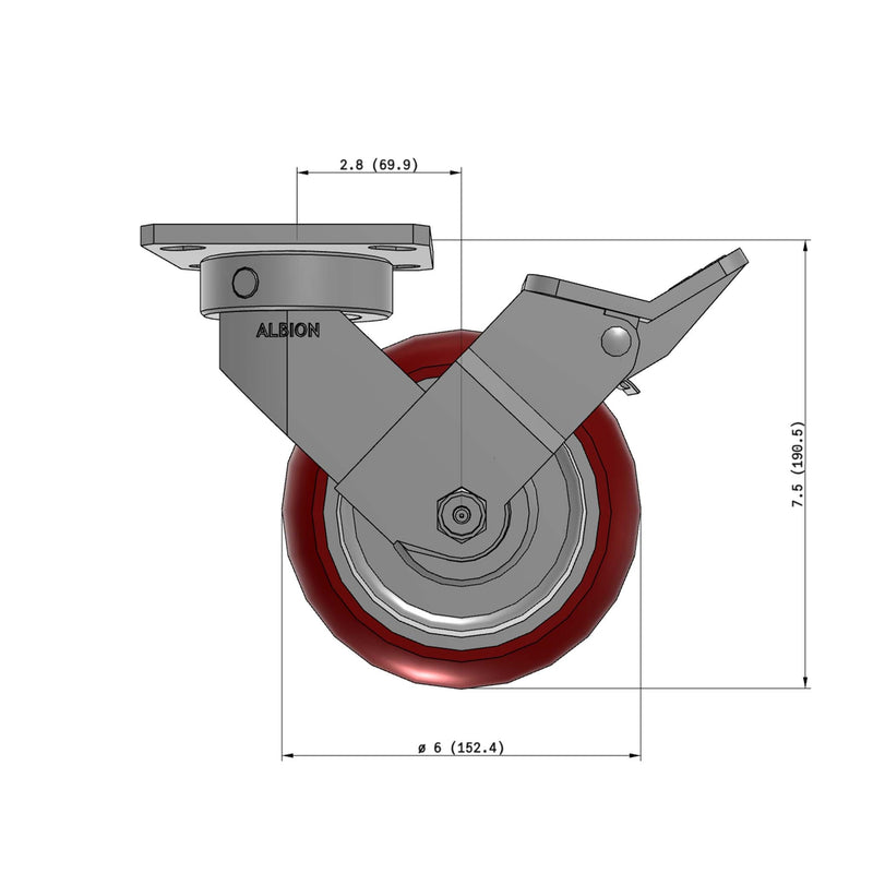 6"x2" Kingpinless Ergonomic Caster – USA Rig, MAX-Efficiency Maroon Poly Wheel, Face Brake