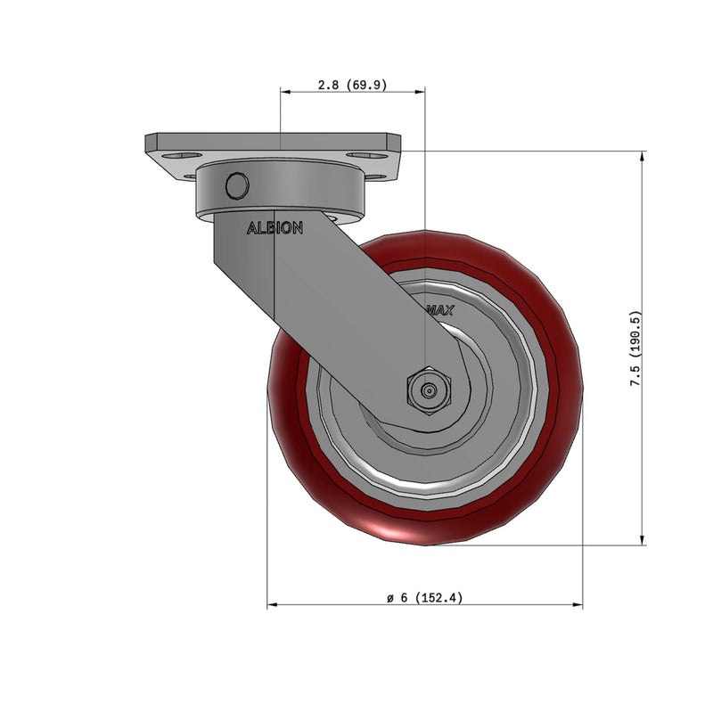 6"x2" Kingpinless Ergonomic Caster – USA Rig, MAX-Efficiency Maroon Poly Wheel