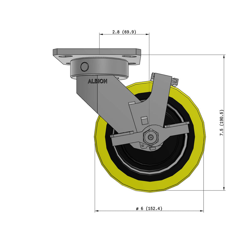 6"x2" Kingpinless Ergonomic Caster – USA Rig, Heavy-Duty Polyurethane Wheel, Side Brake