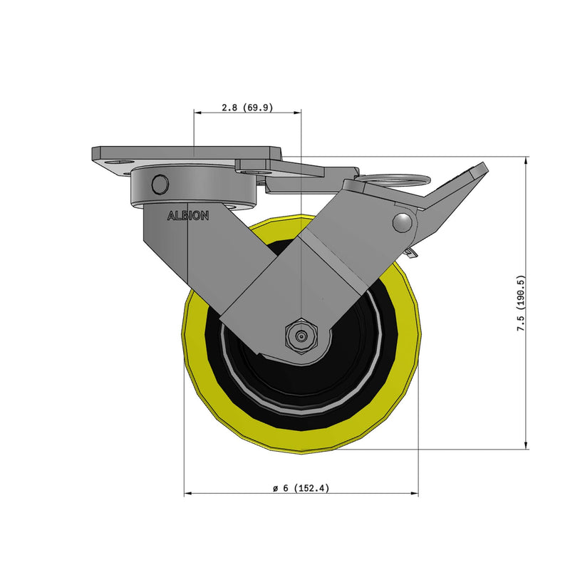 6"x2" Kingpinless Ergonomic Caster – USA Rig, Heavy-Duty Polyurethane Wheel, Face Brake, Swivel Lock