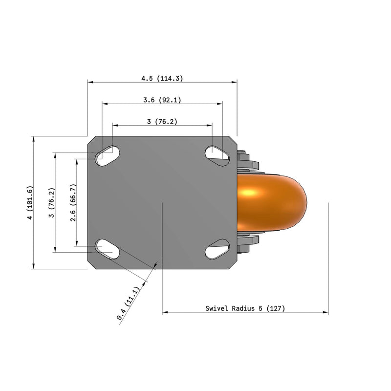 5"x2" Kingpinless Ergonomic Caster – USA Rig, MAX-Efficiency Orange Poly Wheel