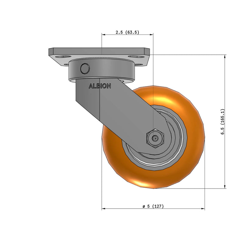 5"x2" Kingpinless Ergonomic Caster – USA Rig, MAX-Efficiency Orange Poly Wheel