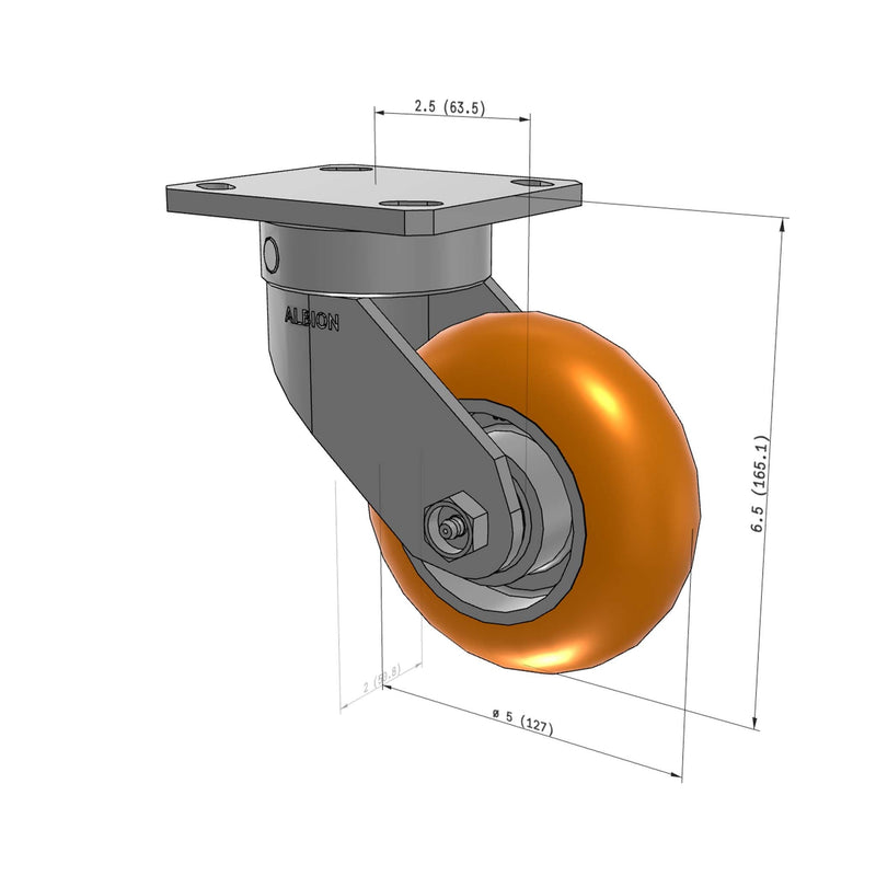 5"x2" Kingpinless Ergonomic Caster – USA Rig, MAX-Efficiency Orange Poly Wheel