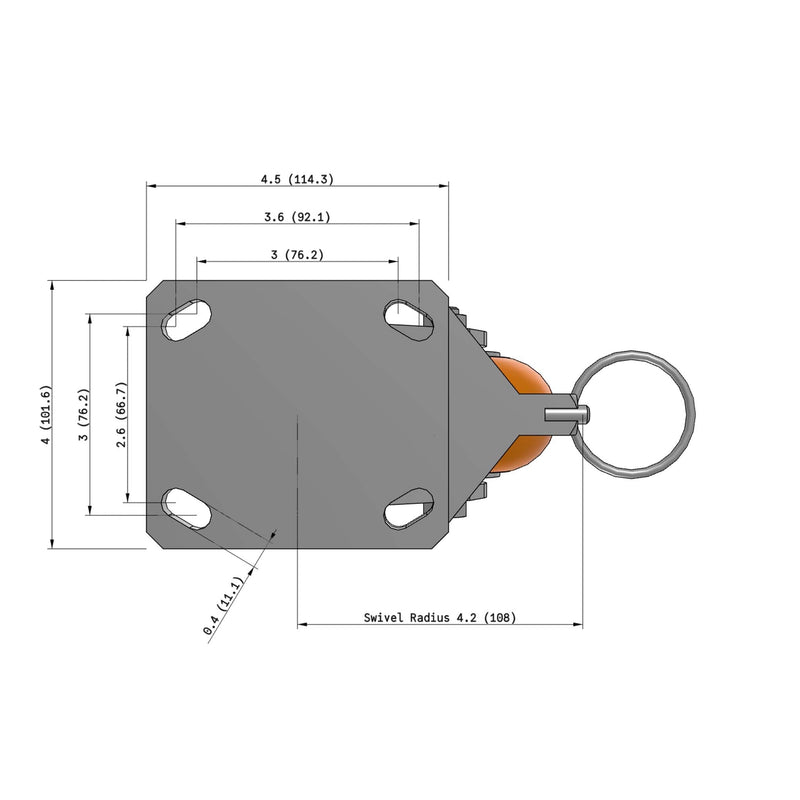 4"x2" Kingpinless Ergonomic Caster – USA Rig, MAX-Efficiency Orange Poly Wheel, Swivel Lock