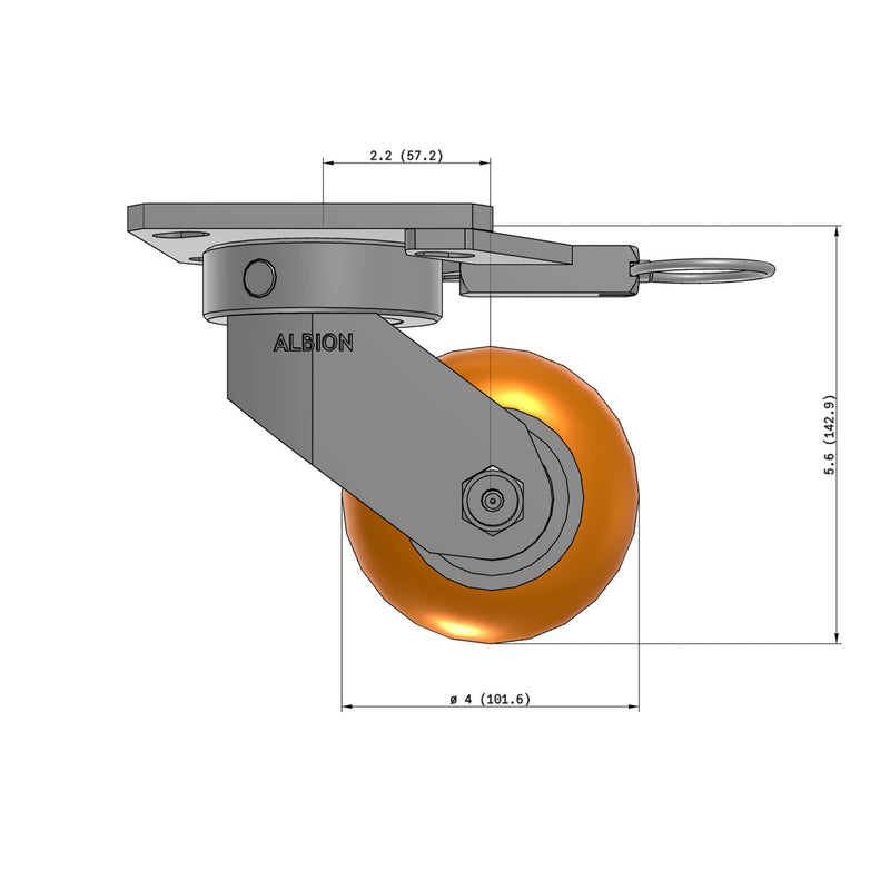 4"x2" Kingpinless Ergonomic Caster – USA Rig, MAX-Efficiency Orange Poly Wheel, Swivel Lock