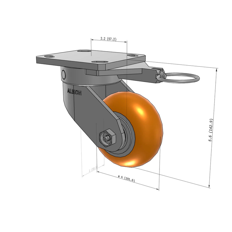4"x2" Kingpinless Ergonomic Caster – USA Rig, MAX-Efficiency Orange Poly Wheel, Swivel Lock
