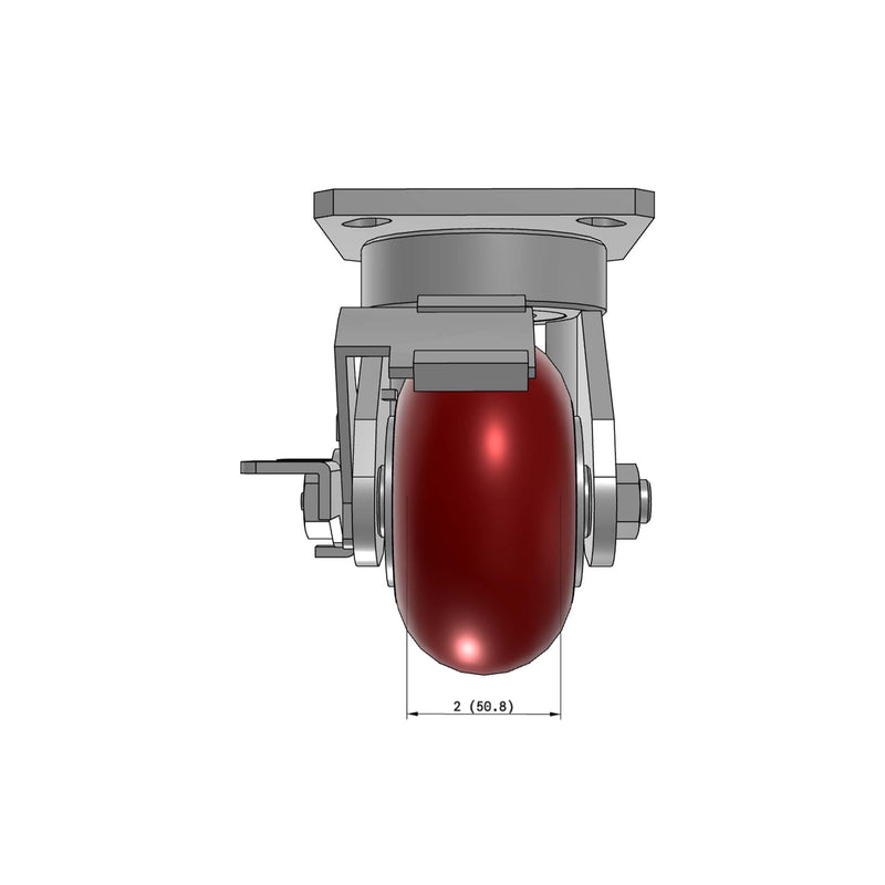 4"x2" Kingpinless Ergonomic Caster – USA Rig, MAX-Efficiency Maroon Poly Wheel, Side Brake